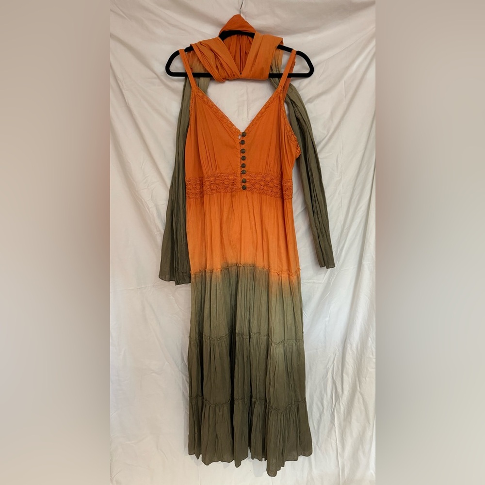 Orange and Olive Green sun dress with matching scarf